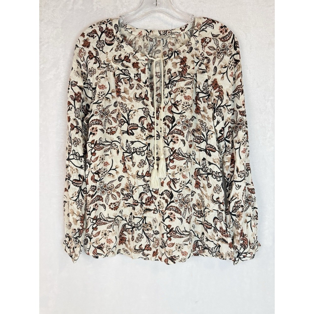 Lucky Brand Boho Floral Peasant‎ Top Cream Rust Tie Neck Blouse Size Small